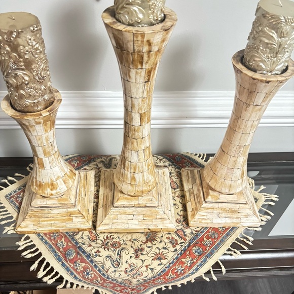 Vintage Bone inlay Candle Holders Set of 3 Gorgeous Excellent condition - Picture 3 of 9